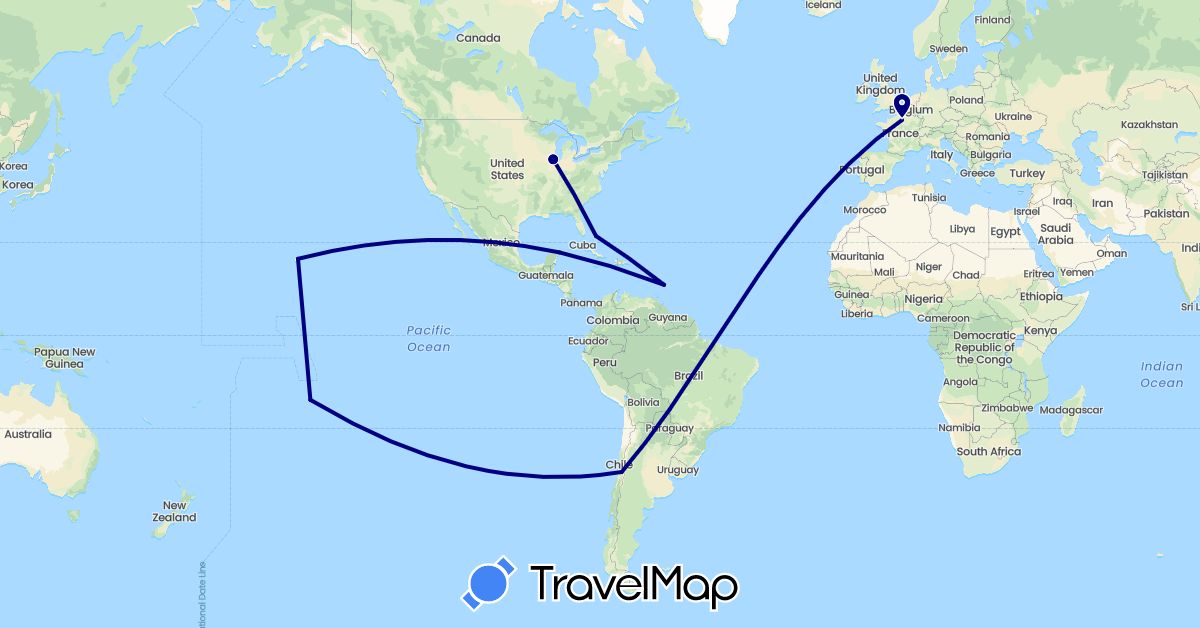 TravelMap itinerary: driving in Barbados, Bahamas, Chile, France, Mexico, United States (Europe, North America, South America)